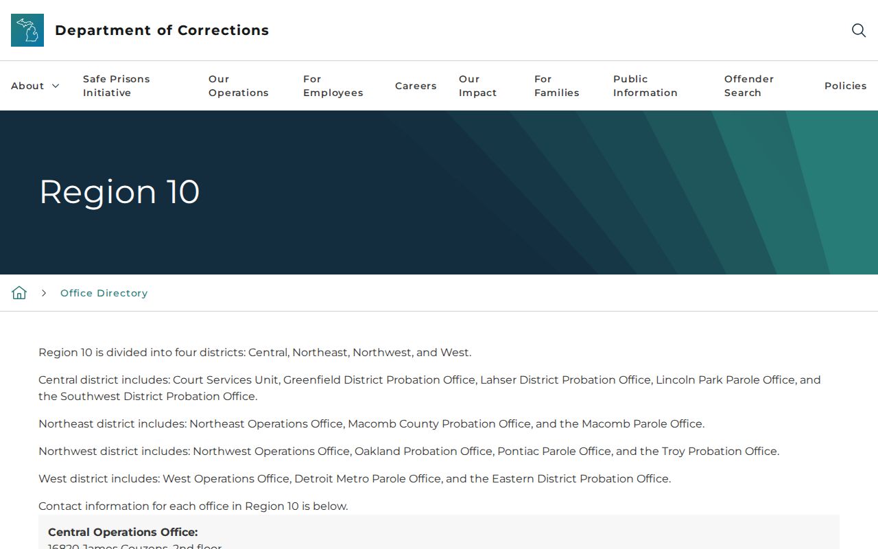 MDOC Region 10 directory listing Macomb parole and probation offices