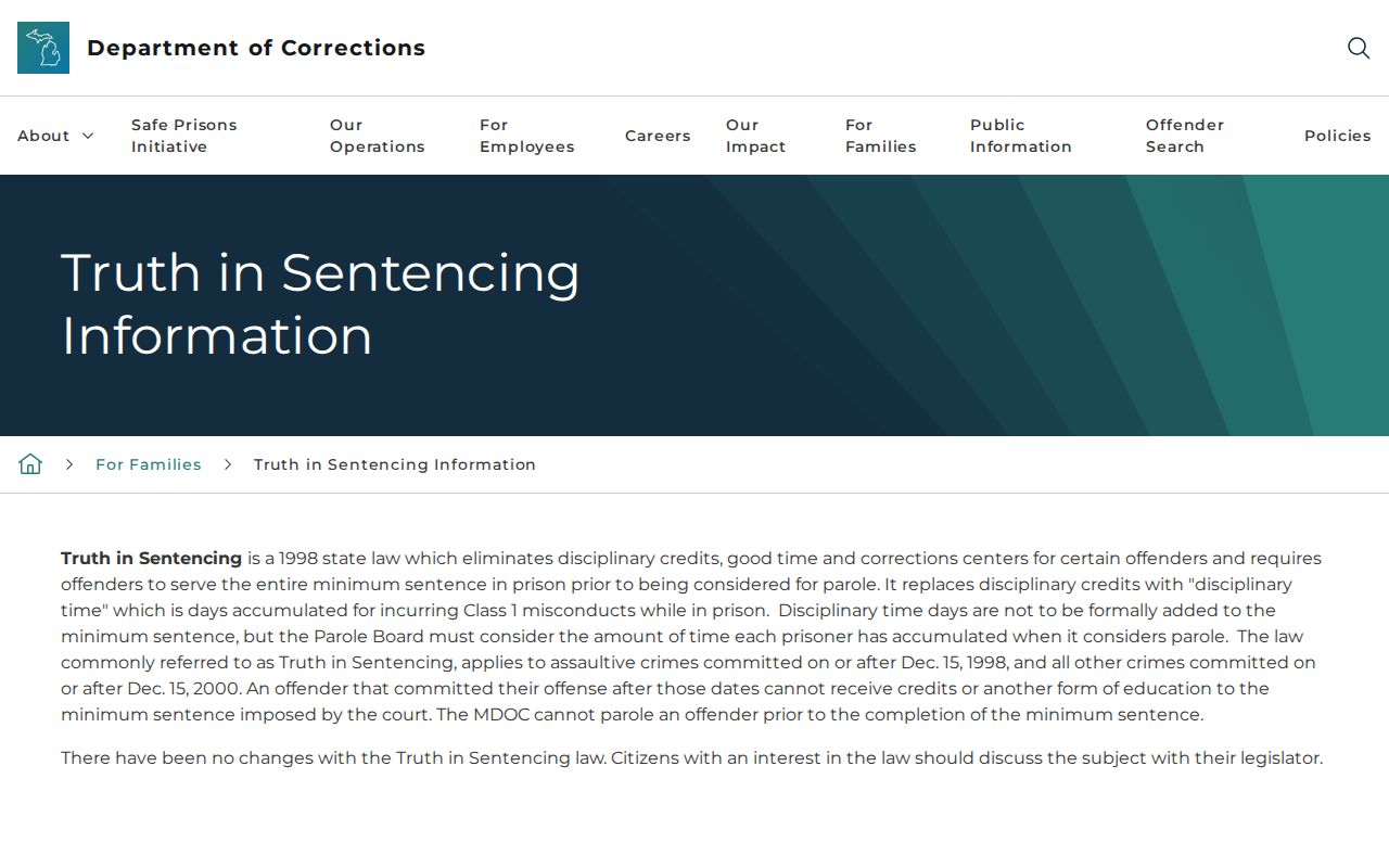 Michigan Department of Corrections truth-in-sentencing guidance