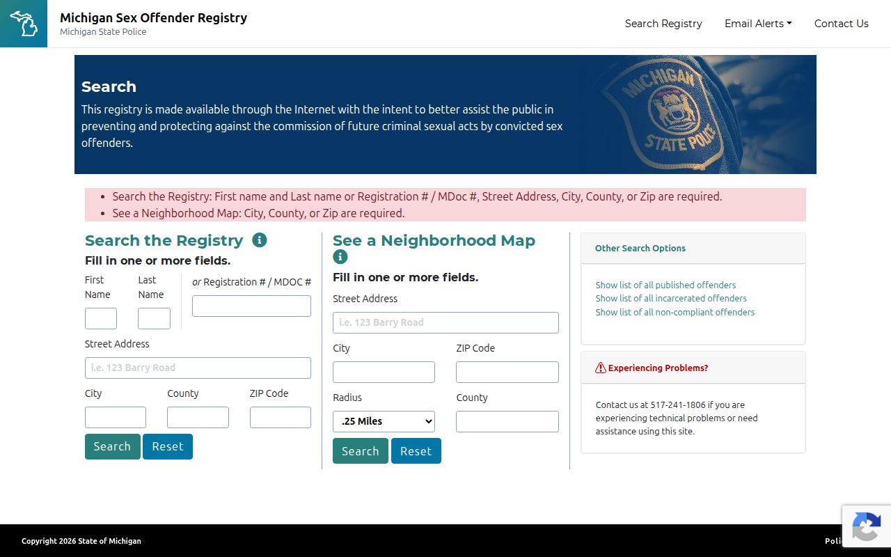 Michigan Public Sex Offender Registry search and status options