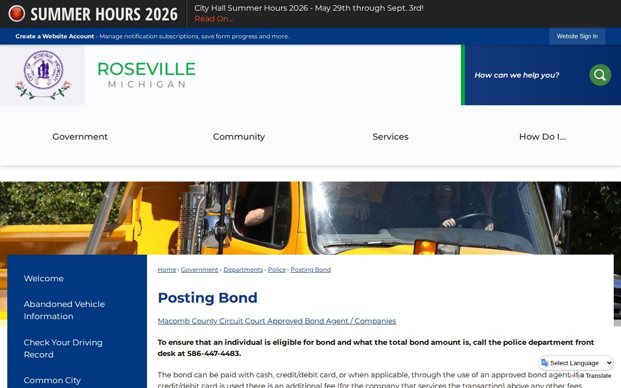 Roseville Police Department detention release and bond instructions