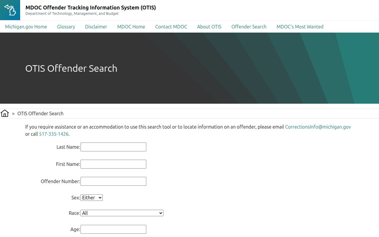 Michigan OTIS search form with offender status filters