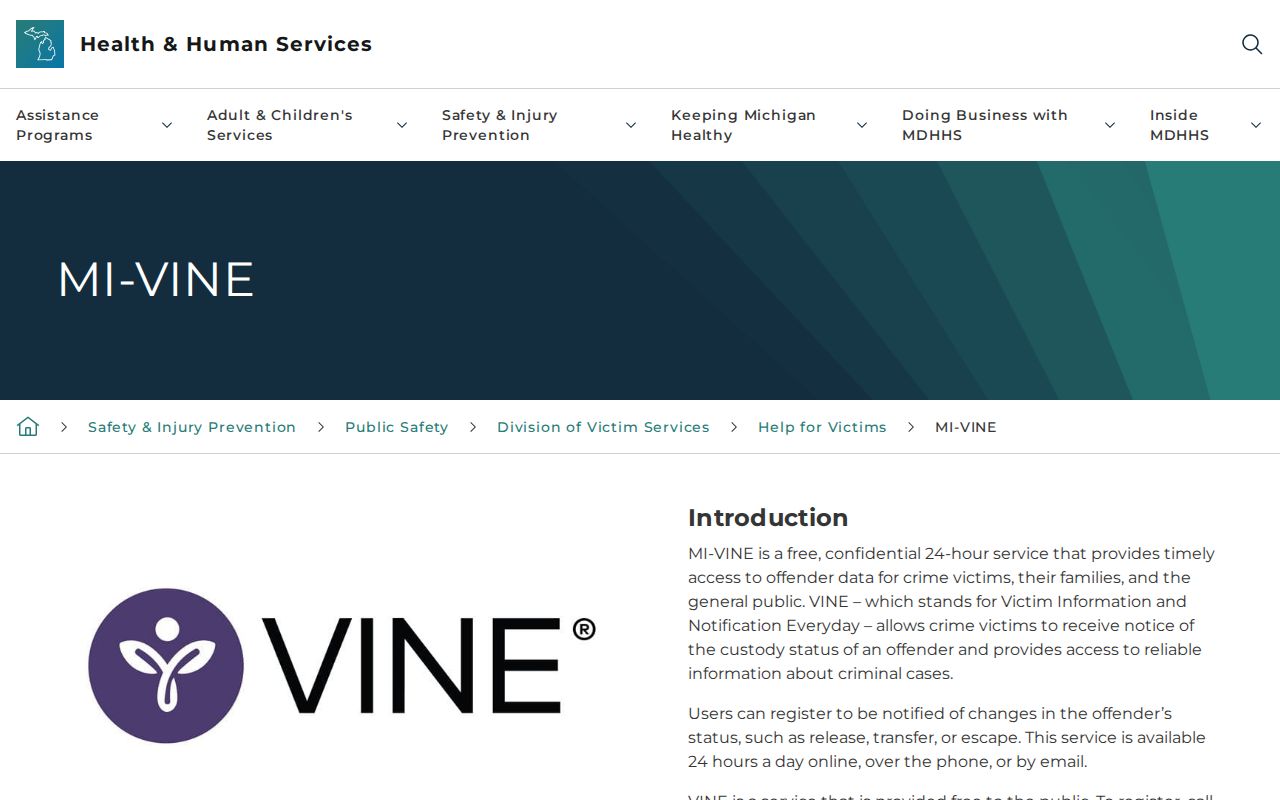 Macomb County VINE inmate check on the official Michigan MI-VINE page